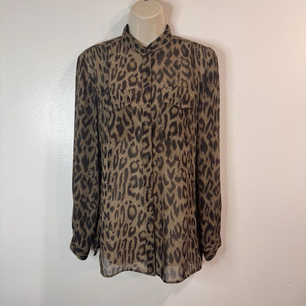 Chaps Blouse Shirt M Leopard Print Chiffon Mock Neck Button Front Long Sleeve